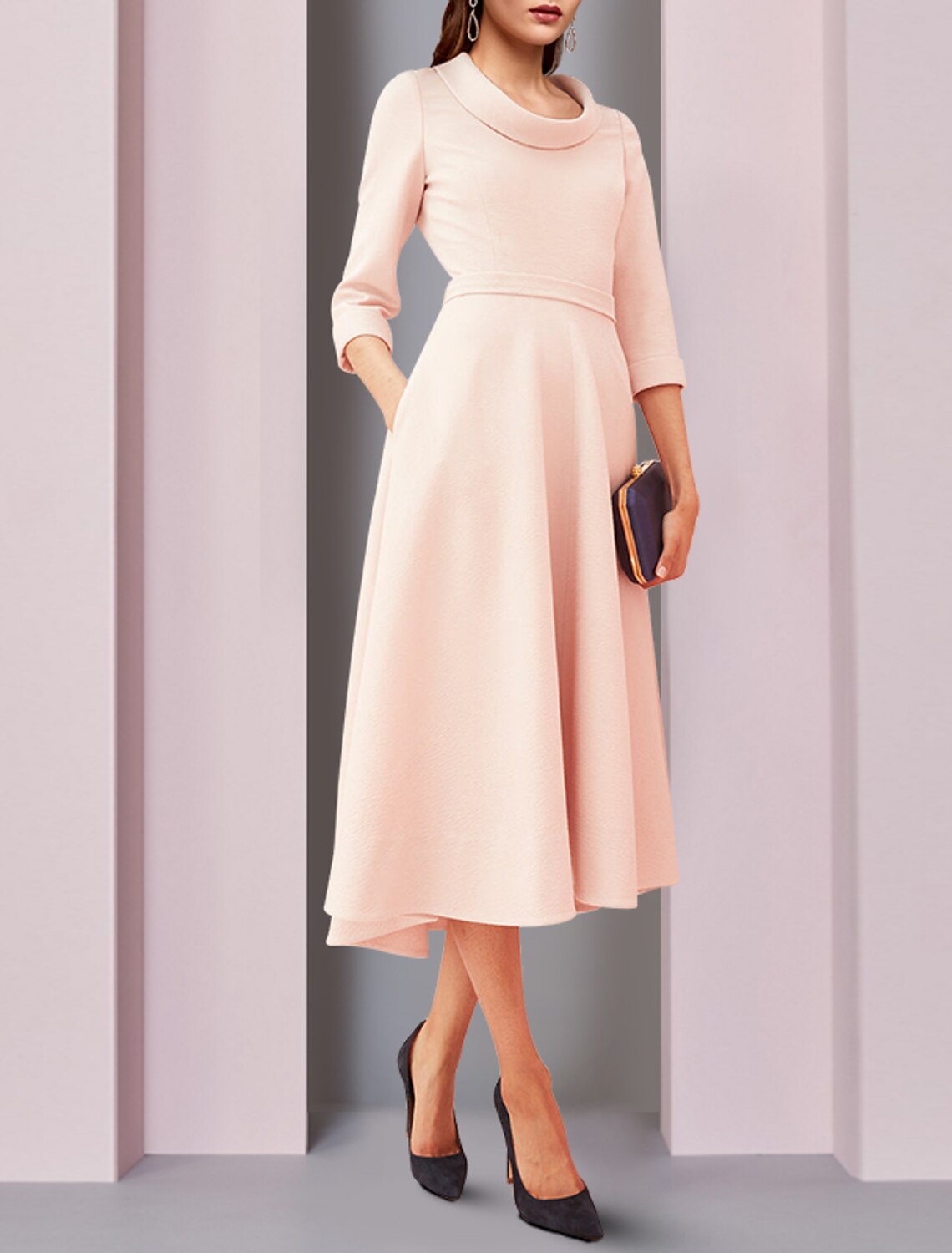 Abito da madre della sposa a trapezio, elegante, con scollo a V, asimmetrico, lunghezza tè, in raso, manica a 3/4, con fascia/nastro, tinta unita